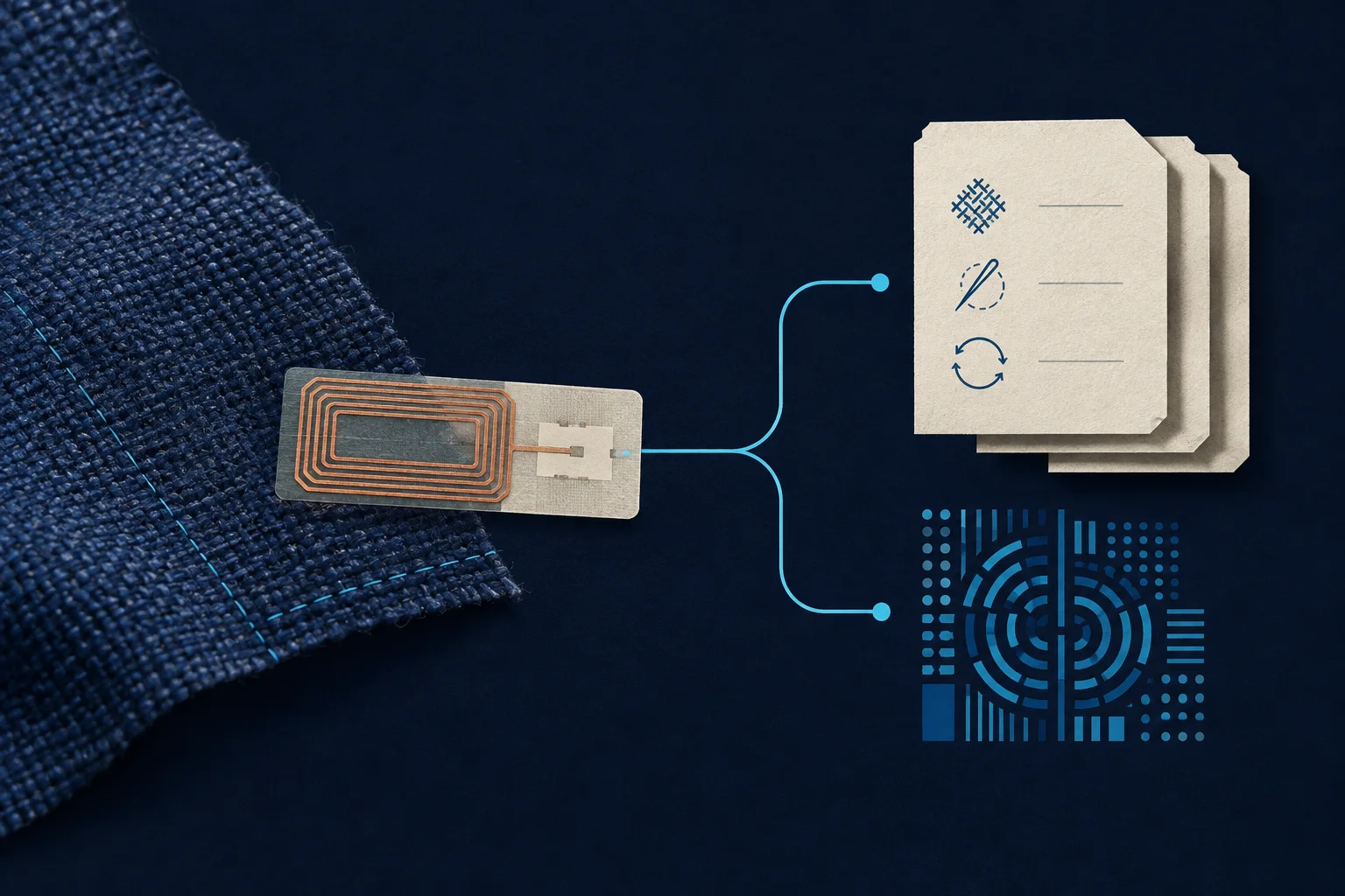 Editorial illustration of one NFC tag on woven fabric branching to product information and an authentication pattern