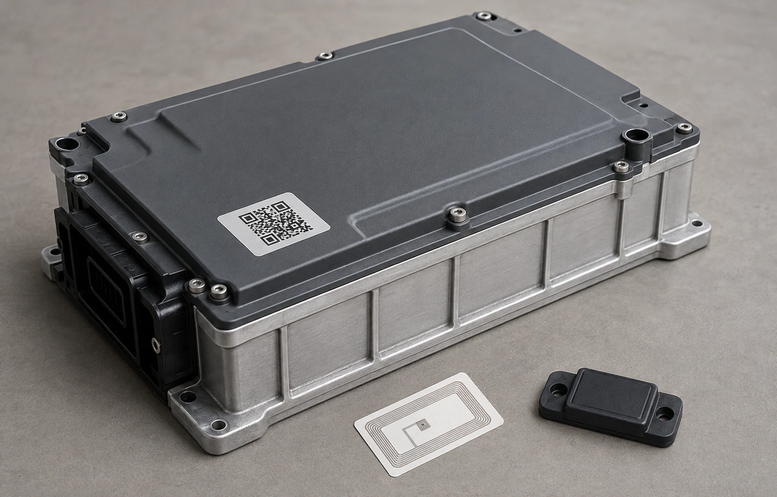 Industrial battery module with durable QR, NFC and RFID carrier options