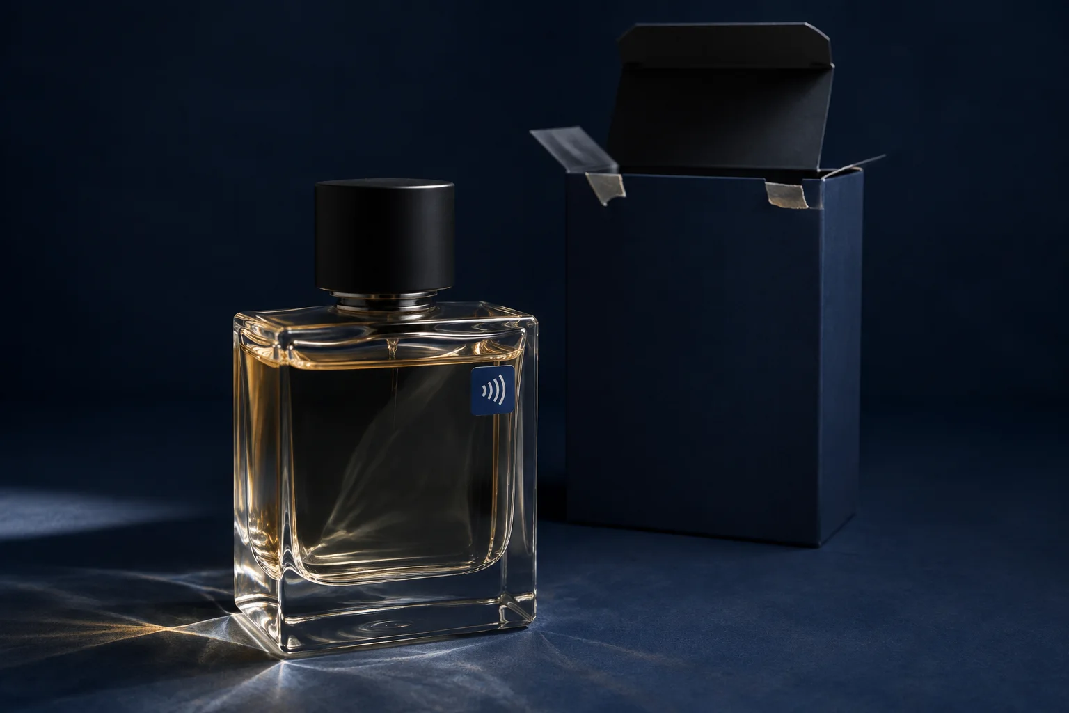 Conceptual perfume bottle with a discreet NFC label beside an opened dark-blue carton