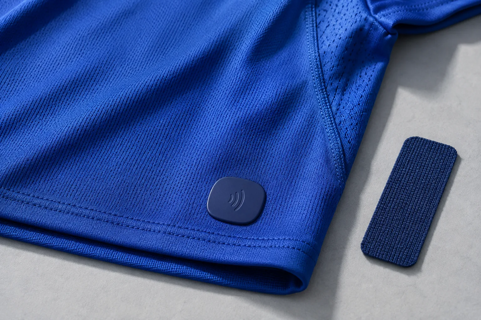 Concept image of a blue running jersey with a small silicone NFC badge at the hem and a woven patch sample beside it