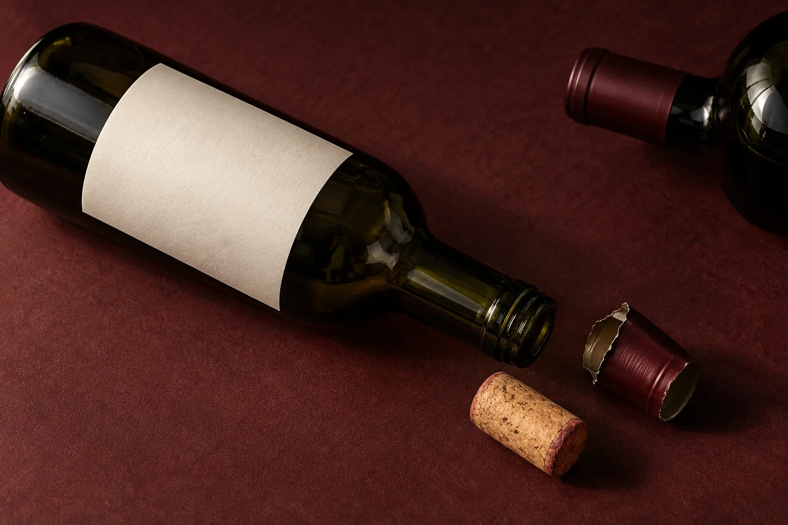 Editorial still life of an open dark wine bottle beside its removed cork and torn capsule on a burgundy surface