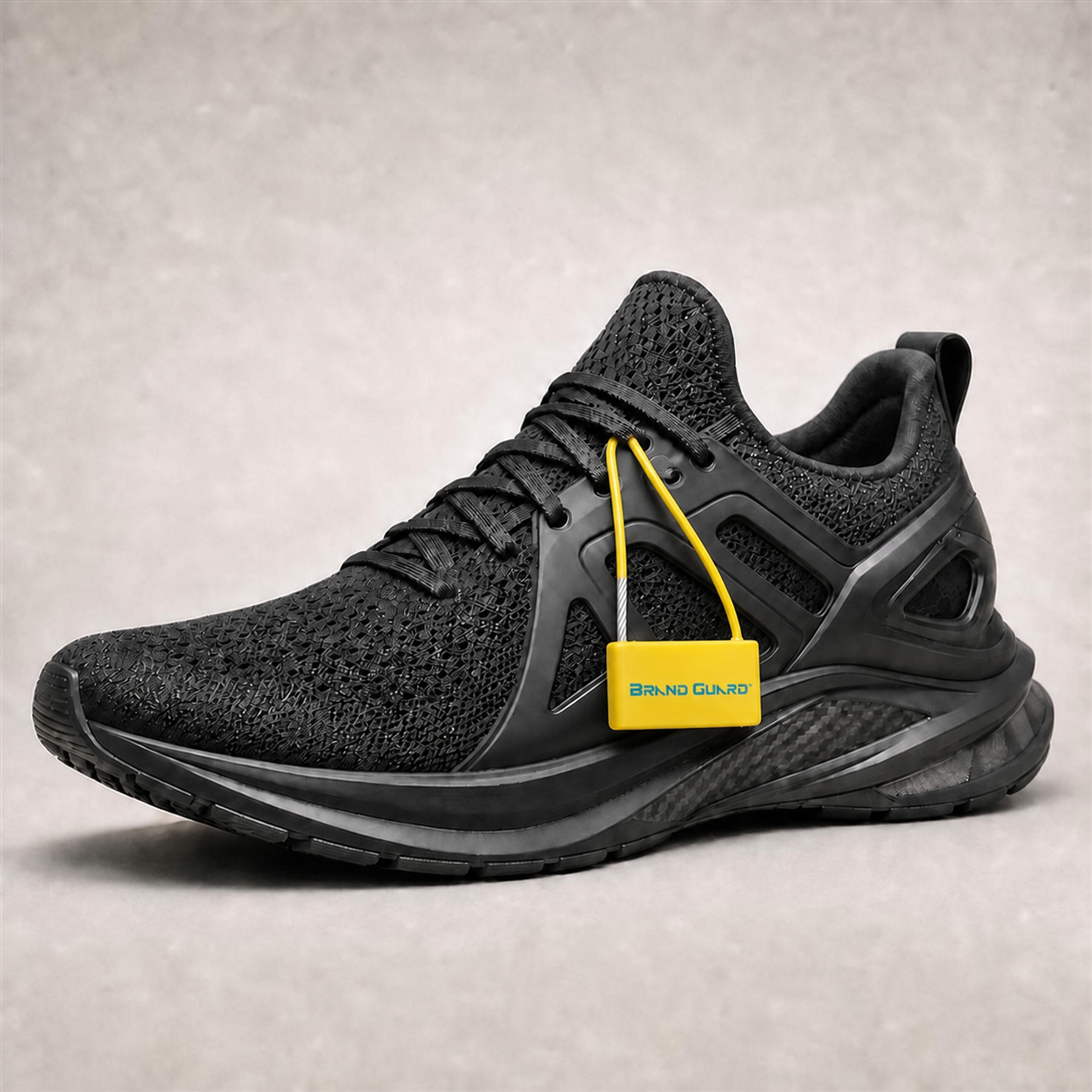 BrandGuard yellow NFC cable seal attached through the eyelets of black footwear