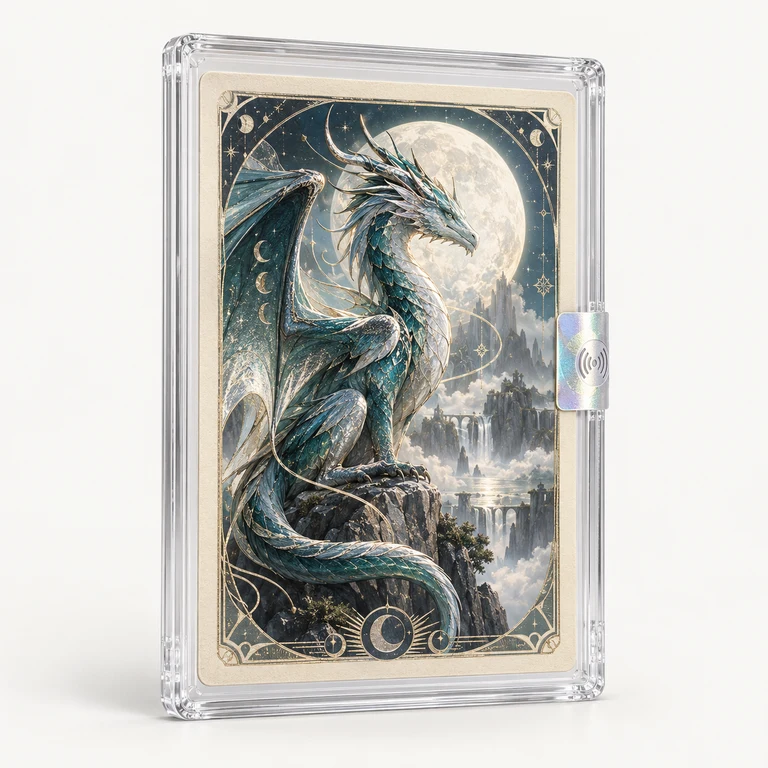 Illustrative collectible card in a transparent case with a holographic NFC seal